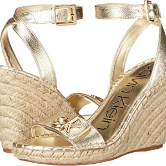 Calvin Klein Karla Gold Leather Espadrille Platform Wedge Slingback Sandals 9.5 - Picture 2 of 13